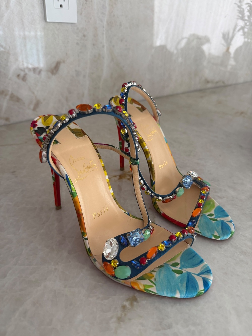 Christian Louboutin Multicolor Jeweled Floral High Heel Sandals
